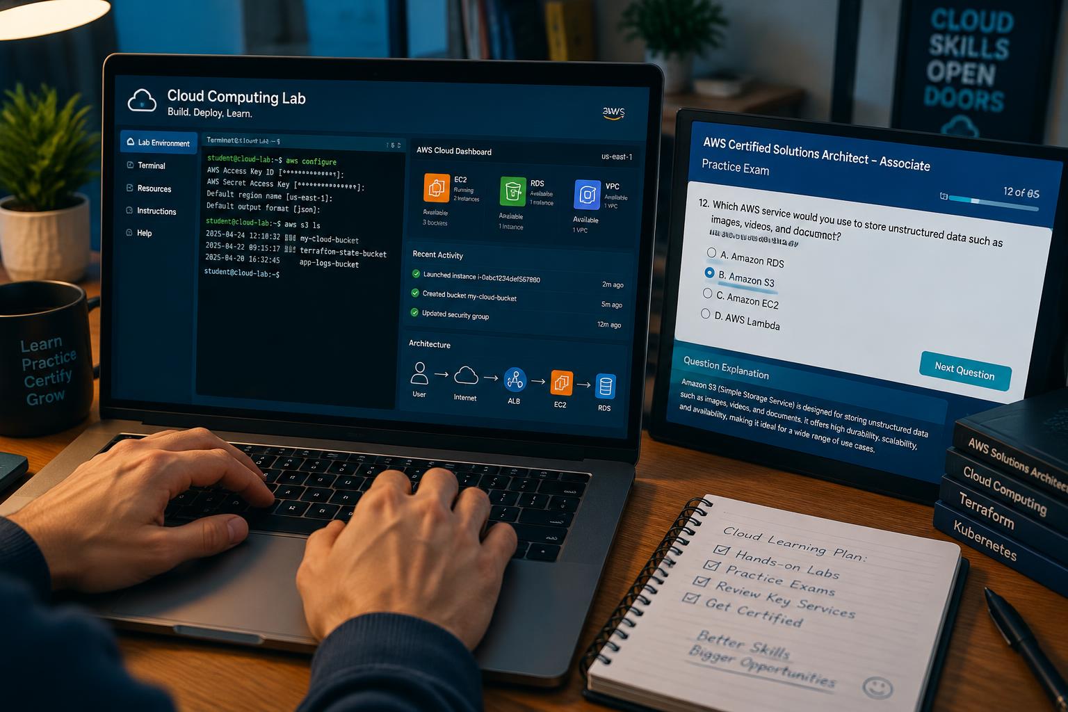 Hands-on cloud lab environment and certification practice exam